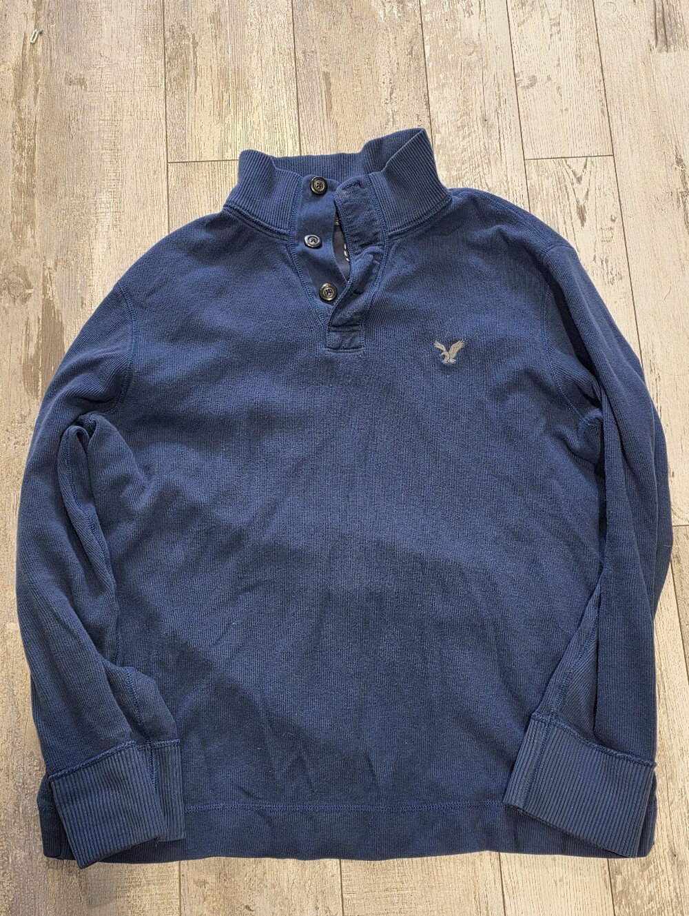 (L) Men's Large American Eagle Quarter Button Pullover Sweater Blue  100% Cotton